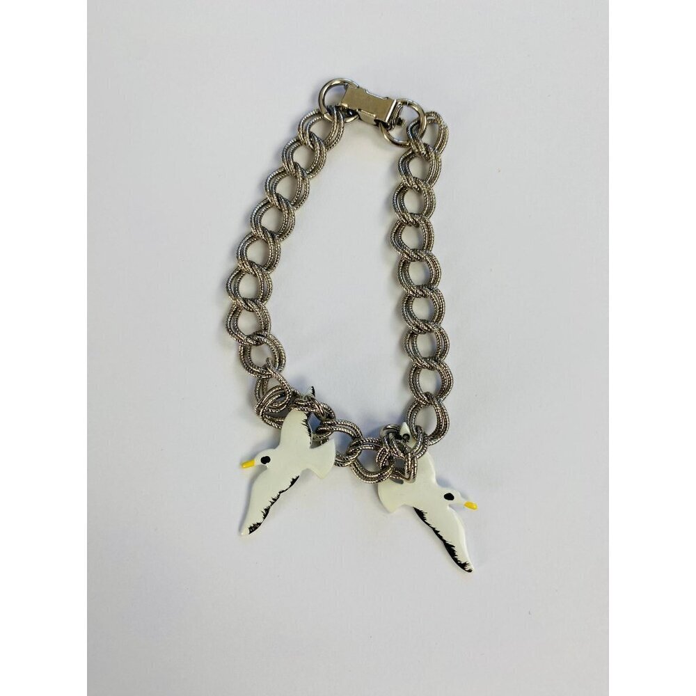 Vintage Seagull Enamel Bracelet, Silver Tone Bracelet with Seagull Charms, 80s
